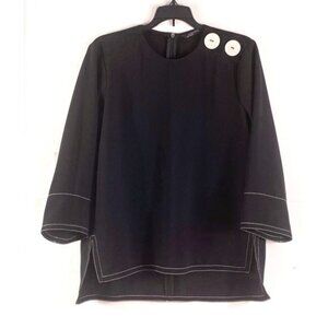 Zara Black Top Slightly Hi-Lo Hem 3/4 Sleeves Shoulder Accent Buttons Size Small